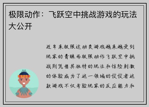 极限动作：飞跃空中挑战游戏的玩法大公开