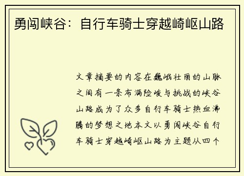 勇闯峡谷：自行车骑士穿越崎岖山路